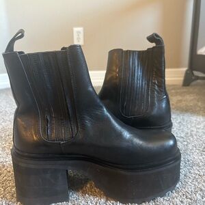 John Fluevog Black Leather Chunky Heel Boots